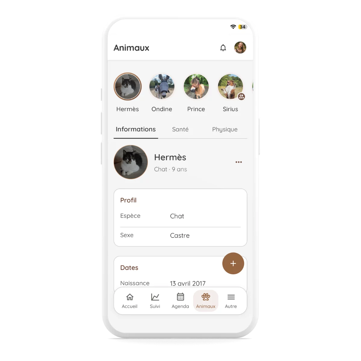 Capture de l'application VASCO - page animaux